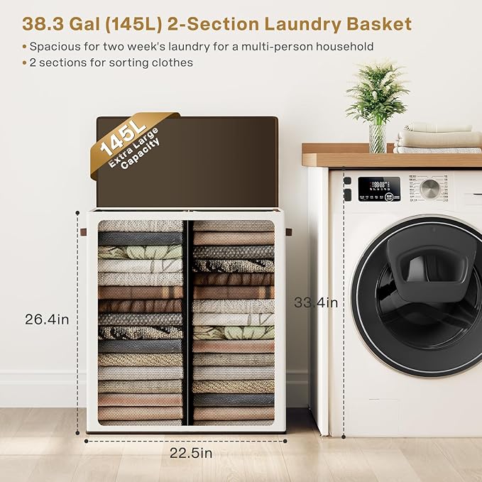 SOLEDI Luxury Double Laundry Hamper with Lid and Removable Bags, Large Hamper for Laundry, Laundry Basket 2 Sections, Collapsible Ditry Clothes Hamper for Bedroom, Laundry Room, Bathroom, Off-white