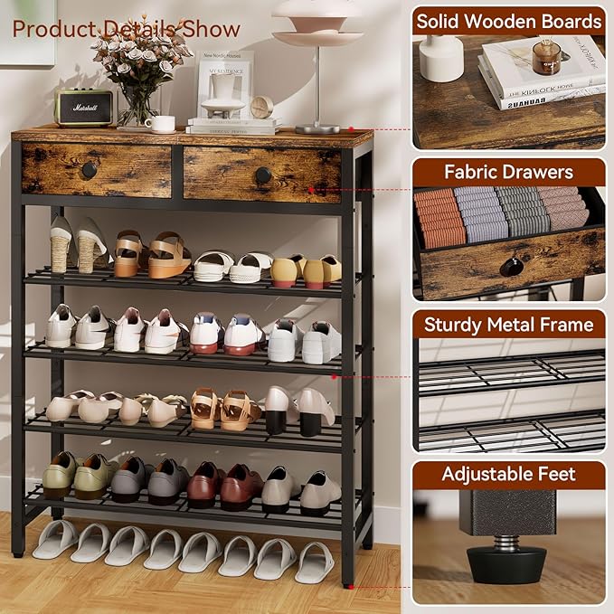 IBUYKE 5 Tier Shoe Rack, Metal Shoe Storage Organizer for 12-16 Pairs of Shoes, Modern Shoe Stand with 2 Drawers,Metal Shelf for Entryway Closet Bedroom, Rustic Brown TXJ041H