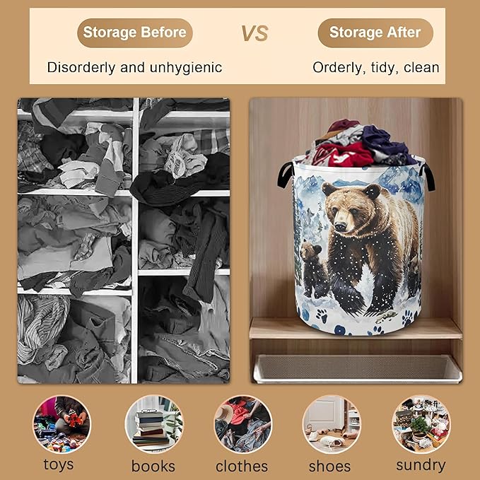 Bear Bear Collapsible Laundry Baskets,Paws Forest Laundry Hamper,Storage Basket with Handles for Bathroom Bedroom College Dormitory Living Room Nursery Organizer 16"x20"