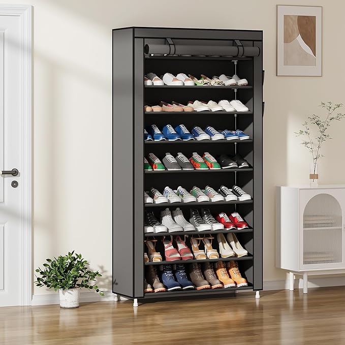 Laiensia 9-Tier Vertical Shoe Rack Organizer, Space Saving Shoe Storage Organizer, Non-Woven Cover Shoe Shelf Holds 36-45Pairs for Bedroom, Hallway, Closet Entryway, Grey
