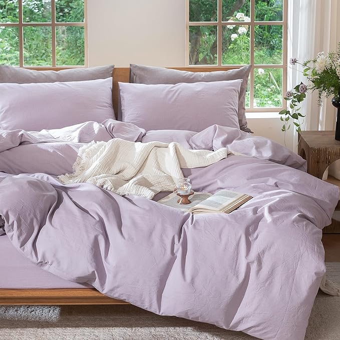 MooMee Bedding Duvet Cover Set 100% Washed Cotton Linen Like Textured Breathable Durable Soft Comfy (Heathered Light Purple, King 104"x90")