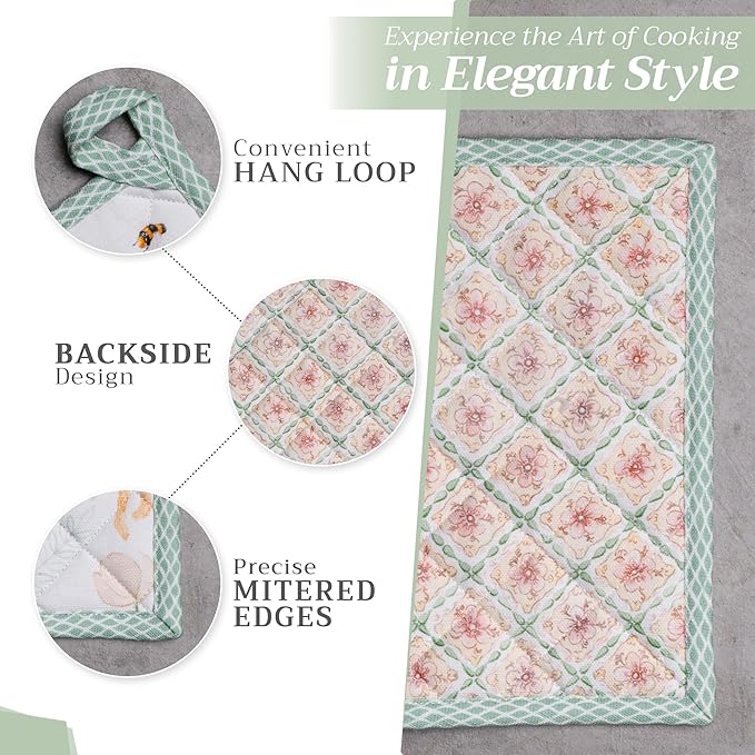 Maison d' Hermine 100% Cotton Oven Mitt & Pot Holder Set (7.5"x13" & 8"x8") Heat Resistant BBQ Cooking Gloves with Loop, Baking, Grilling, Kitchen, Handling Hot Pans Spring/Summer (Easter Dew)