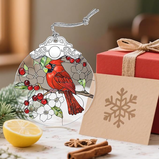 Cardinal Christmas Decorations - Stained Glass Ornament | Christmas Ornaments for Tree | Holiday Ornament | Red Bird Decor – Cardinal Memorial Gifts | Bird Lover Gifts | Gift Ideas & Xmas Gift
