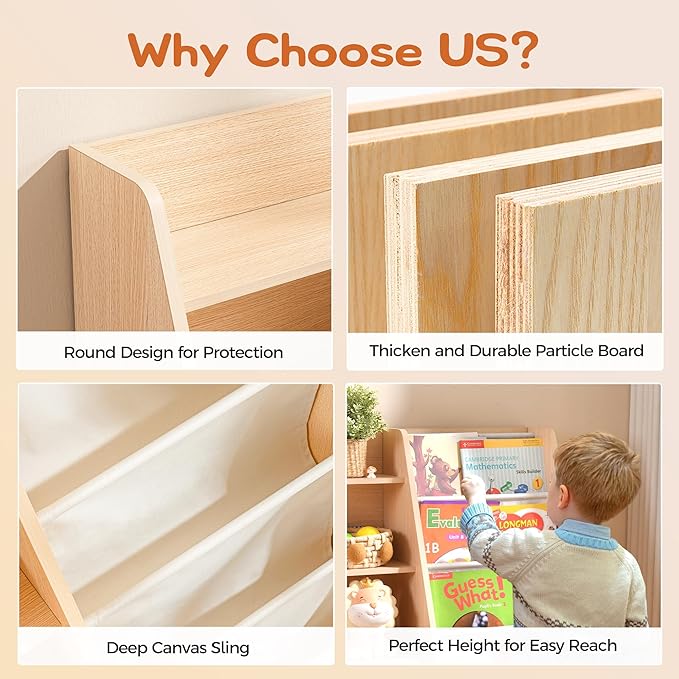 4 Tier Kids Wooden Bookshelf Baby Toddler Bookshelf and Toy Storage Organizer with Four Layer Sling Bookcase for Kids Room Playroom Nursery Classroom