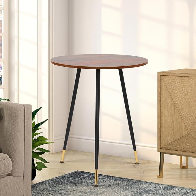 NOBPEINT Round Modern Wooden Side Table, 28 Inches End Table with 3 Metal Legs (Brown)