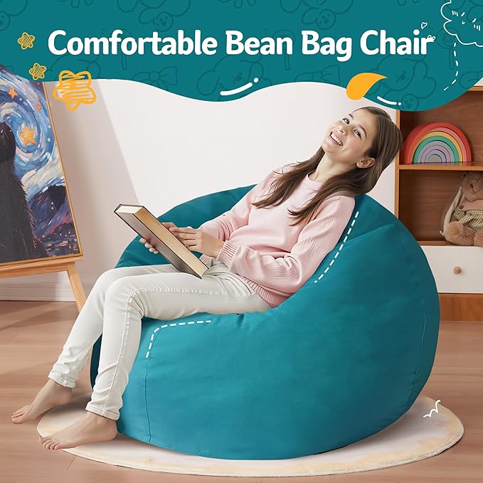 Homguava 2FT Bean Bag Chair: 2' Bean Bags with Memory Foam Filled,Comfy Beanbag Chairs Round Bean Bag Sofa with Dutch Velvet Cover-Sea Blue