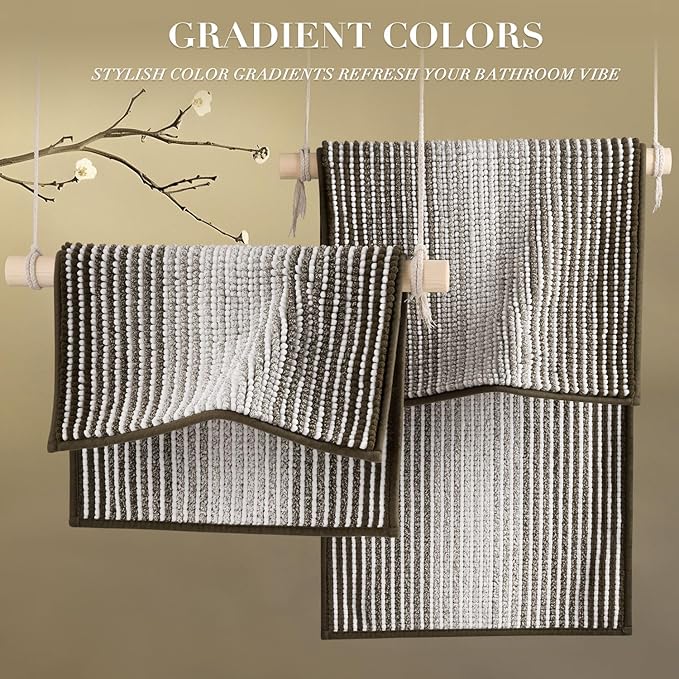 BSICPRO Bathroom Rugs and Mats Sets, 2 Piece Thick Absorbent Chenille Bath Mat Rug Set Non Slip, Soft Shaggy Bath Room Floor Mats for Bathroom, Machine Washable (Latte, 20" x 47" Plus 20" x 32")