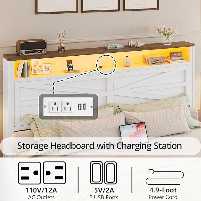 IRONCK Farmhouse Full Size Bed Frame with LED Light and Charging Station, Wood Bed Frame with Storage Headboard and 2 Drawers， Barn Door Design, Sturdy and Noiseless, White