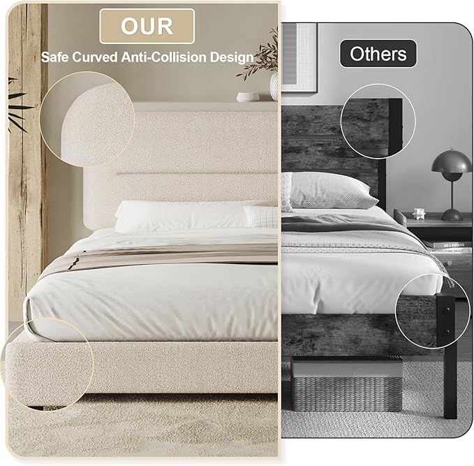 HOMBCK King Size Boucle Bed Frame, Upholstered Cloud Bed Frame with Headboard, Soft Platform Bed Frame with Thickened Footboard, Rounded Corners, No Box Spring Required, Easy Assembly, Beige