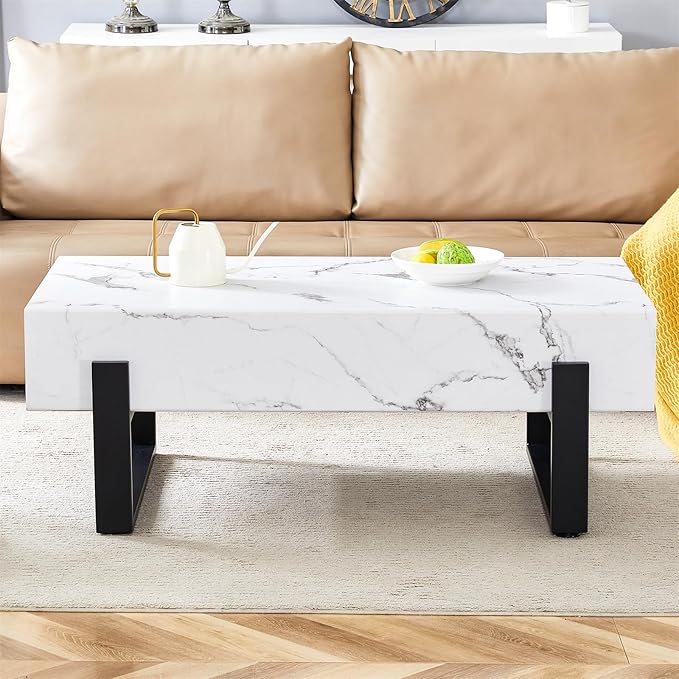 47'' Rectangle Coffee Table for Living Room, Marble Pattern Desktop, Stable Metal Tea Table Legs for Dining Room Apartment Small Space (White)