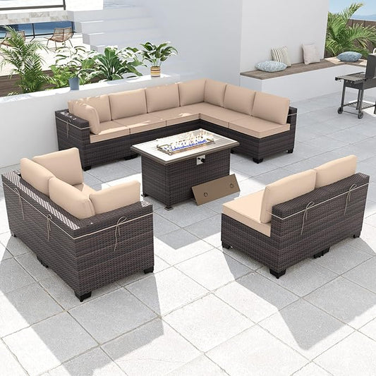 Kurapika 11 Pieces Patio Furniture Set, Rattan Wicker Outdoor Conversation Sets w/43in Propane Fire Pit Table and 4 Inch Cushion(Sand)
