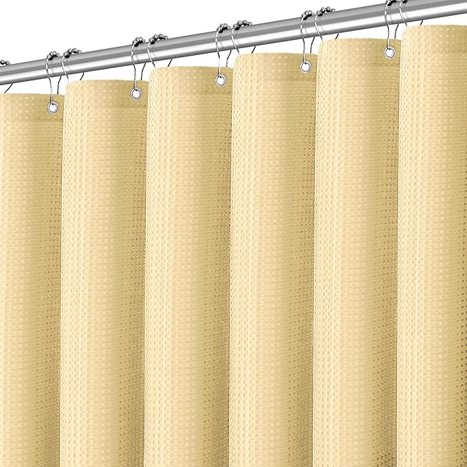 Beige Shower Curtain 256GSM Heavy Duty Waffle Woven Bathroom Shower Curtains, Weighted Fabric for Hotel Spa Luxury Polyester Bath Curtain with 12 Hooks, 72Wx72H