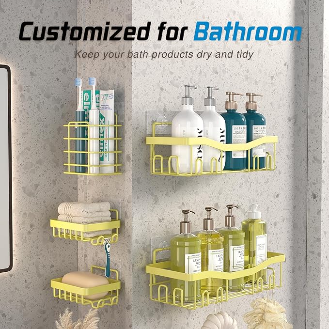 Adhesive Shower Caddy, No Drilling Bath Organizers 5 Pack, Rustproof Shelves with Soap Holder & Toothbrush Holder, Bathroom Organizers and Storage, Yellow