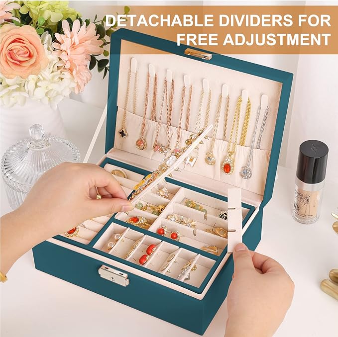 Jewelry Organizer Box Leather Jewelry Box for Girls Womens Earring Organizer with Lock Double Layers Jewelry Case Removable Tray for Necklace Earring Ring with Polishing Cloth and Jewelry Bags