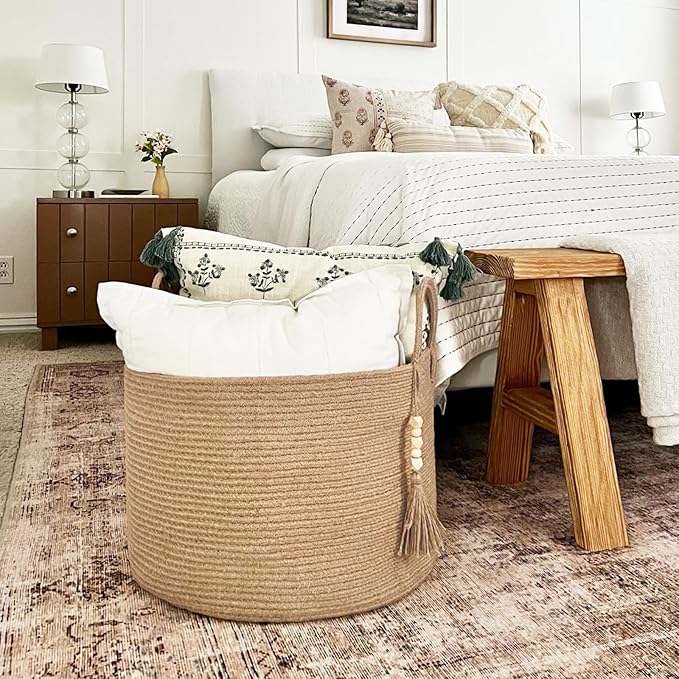 Goodpick Large Wicker Laundry Basket Jute Woven Basket for Clothes, Shoes, Towels, Decorative Storage Basket in Living Room, Bathroom, Entryway, Round Toy Basket 17.7 x 12.6 Inches, Jute