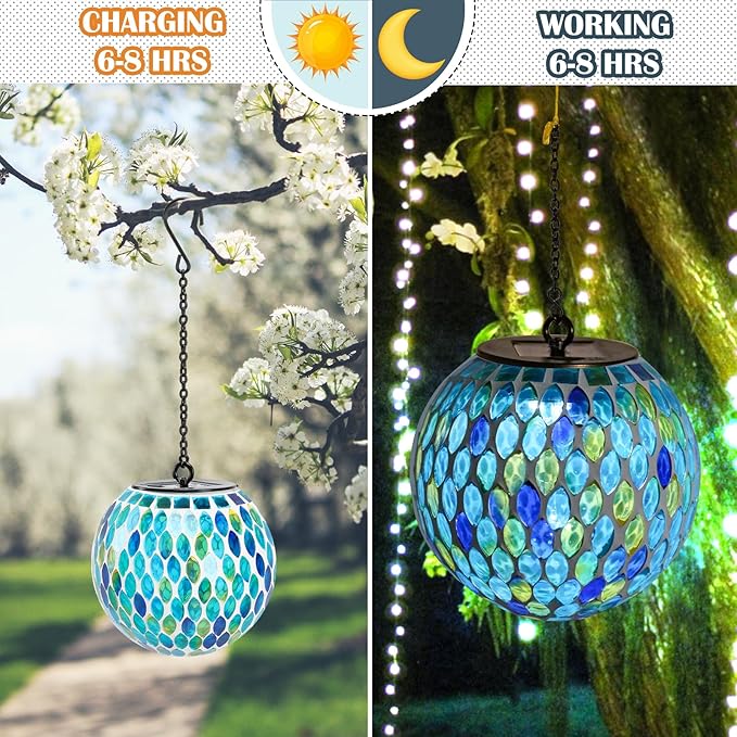 Solar Lanterns Outdoor Waterproof Hanging Solar Mosaic Lantern Outdoor Hanging Lights Waterproof Garden Patio Pathway Yard Décor Green