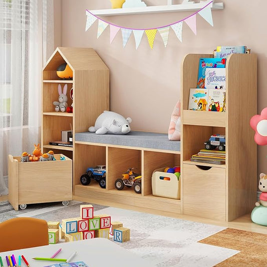 Kids Bookcase and Bookshelf with Reading Nook, Toy Storage Organizer, Oak Bookcase with 7 Storage Cubbies, 2 Movable Drawers and Seat Cushion for Kids Room, Playroom, Bedroom