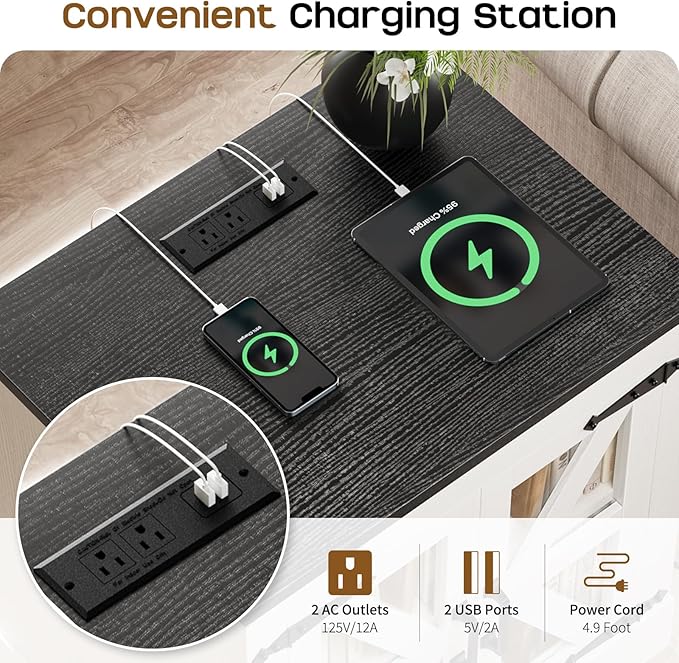 Farmhouse Side Table with Storage Cabinet, End Table with Adjustable Shelf, Large Night Stand, Wood Nightstand with Charging Station, 24" End Tables Living Room, Rustic Bed Side Tables Bedroom