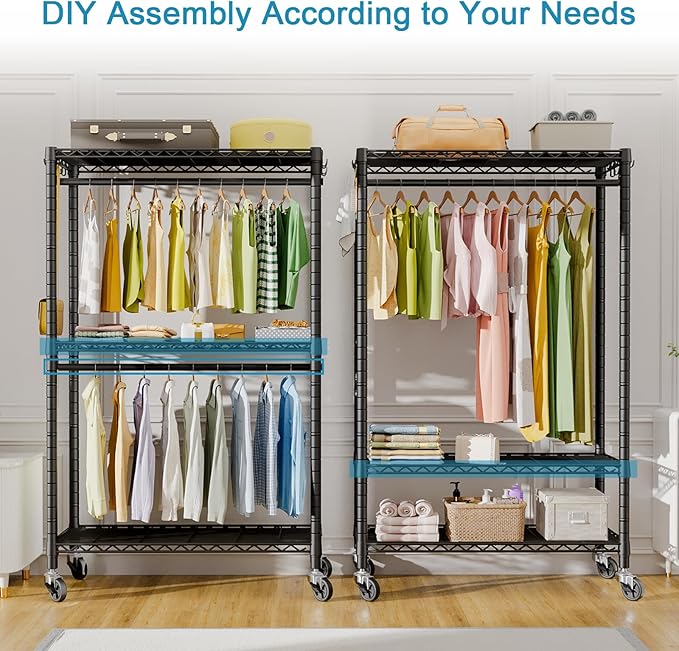 FUTASSI P3 Rolling Clothes Rack, Clothing Racks for Hanging Clothes, Heavy Duty Garment Rack with Wheels, Freestanding Portable Closet Organizer 39.4''W x 14''D x 78.5''H, Max Load 464 LBS, Black