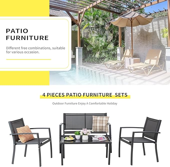 Shintenchi 4 Pieces Patio Furniture Set All Weather Textile Fabric Outdoor Conversation Set, with Glass Coffee Table, Loveseat, 2 Single Chairs for Home, Garden, Lawn, Porch（Gray）