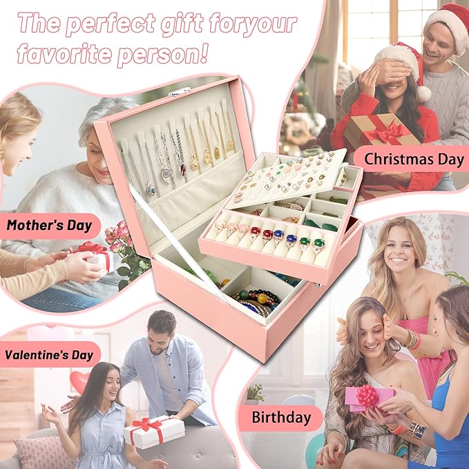 Homeanda Jewelry box 2 layer Jewelry box Leather Jewelry boxes for Women Girls Teens Jewelry organizer box Jewelry Storage box with lock(Pink)