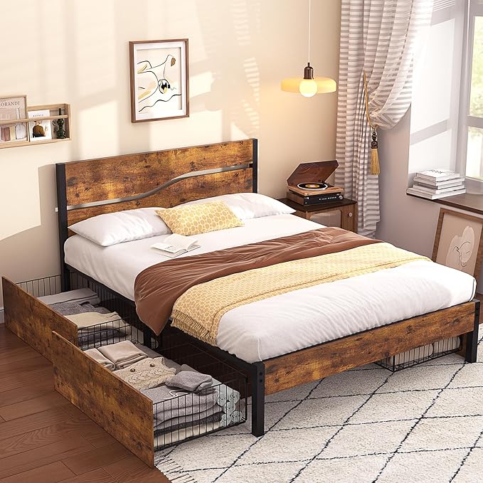 VECELO Full Platform Bed Frame with 4 Drawers and Vintage Wood Headboard, Large Storage, Strong Metal Slats Support, No Box Spring Needed, Rustic Brown
