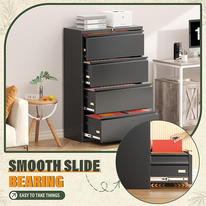 Greenvelly Lateral File Cabinet 4 Drawer, Lockable Metal Filing Cabinet for Home Office, Black Metal File Cabinet with Lock for Legal/Letter/A4/F4 Size with Hanging Bars&Key