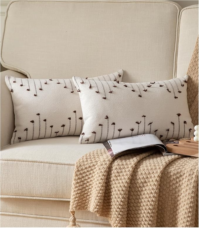 Boho Throw Pillow Covers 12x20 Set of 2 Decorative Pillows for Bed, Neutral Pillow Covers Beige with Coffee Line Throw Pillows for Modern Farmhouse Couch Sofa Living Room Outdoor