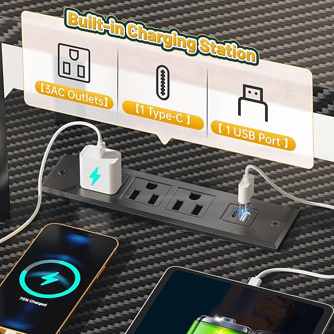 55" W Gaming Desk, Computer Desk with LED & Power Outlet, Office Desk with Printer Storage Shelves & Storage Drawer, Study Table with Monitor Shelf, Dorm Room Essentials, Black