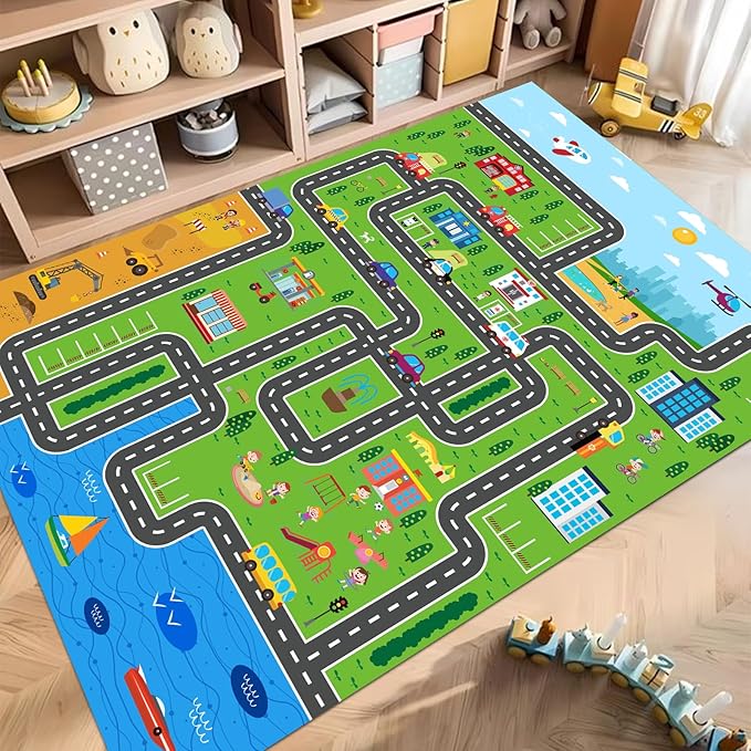 Kids Playmat Car Rug, Kids Play Rugs Town City Road Map Rug, Large Educational Car Mat, Boys Track Play Mat, Kid Rugs for Playroom Bedroom Living Room (Style 1, 59X 39.4 INCH)