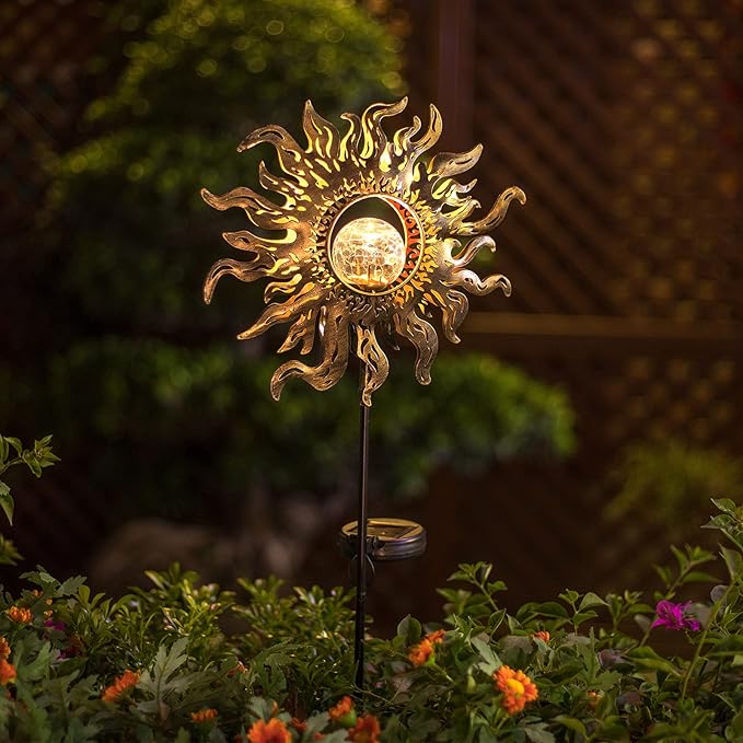 Solar Lights Outdoor Garden Decor Solar Powered Sun Lantern for Yard, Patio,Lawn or Pathway Sun Decorations Crackle Glass Globe Stake Metal Lights Waterproof Warm LED Garden Pathway