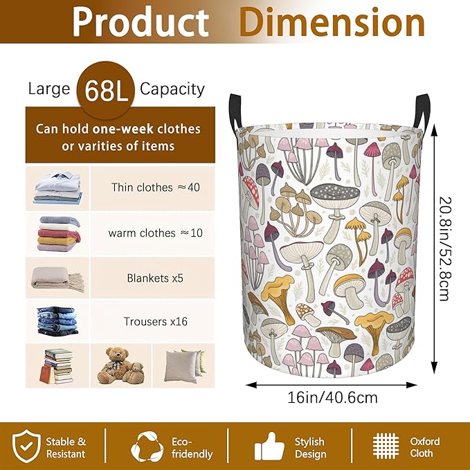 Mushroom Retro Laundry Basket,Waterproof Mushrooms Laundry Hamper,Collapsible Organizer Basket for Storage Bin Toy Bins, Dirty Clothes Laundry Basket for Living Room/Bathroom/Bedroom