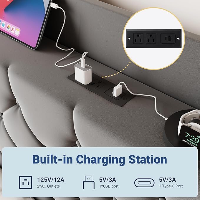 Allewie King Size Bed Frame, Storage Headboard with Charging Station, Wingback Velvet Upholstered, Diamond Stitched Button Tufted, Sturdy Wooden Slats, No Box Spring Needed, Easy Assembly, Grey