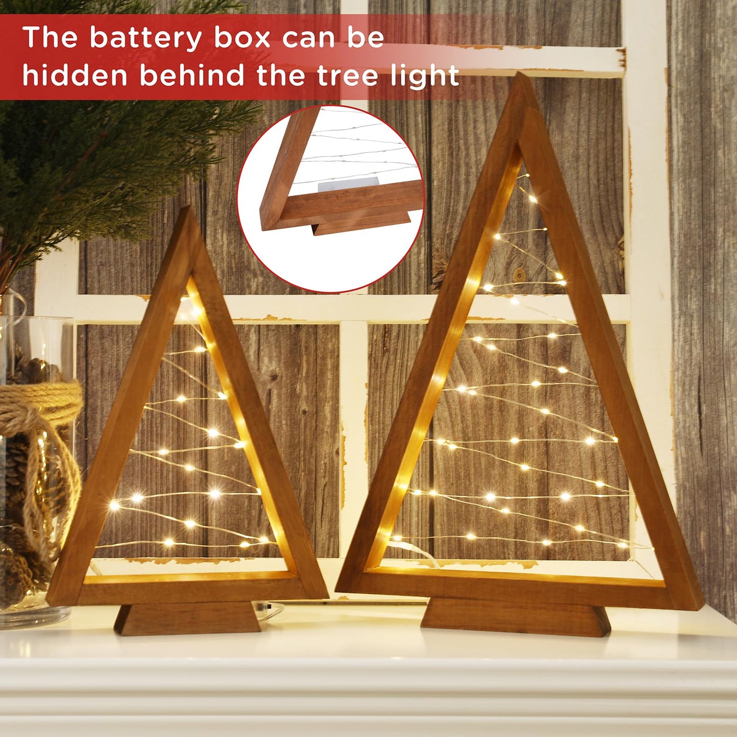 Christmas Decorations-2PCS Light Up Wooden Christmas Tree- Handmade Tabletop Christmas Tree with Light for Farmhouse Home Kitchen Table Mantle Shelf Party Decor