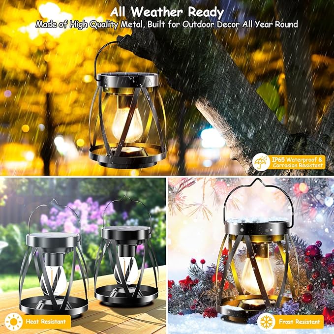GARPAR Solar Lanterns Lights Outdoor Waterproof, 4 Pack Upgraded Metal Outdoor Lantern, Brighter Auto On/Off 18H Hanging Solar Lights for Outside Garden Yard Patio Porch Decor, Gift for Mom