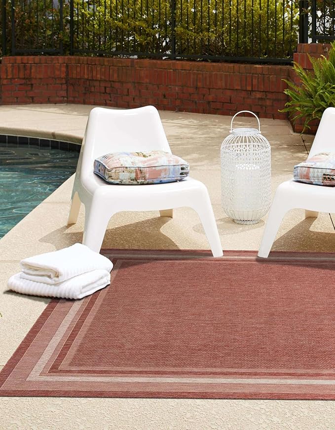 Unique Loom Outdoor Border Collection Area Rug - Soft Border (13'Square, Rust Red/ Ivory)