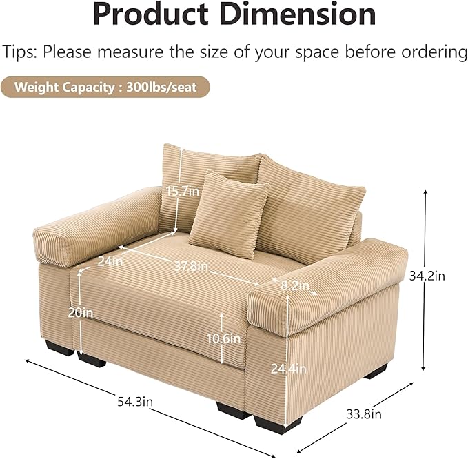 KEIKI 54" Oversized Corduroy Modular Sectional Single Sofa with High-Density Foam Cushions, Extra-Thick Armrests, Upholstered Modern 1-Seater Lounge Accent Chair with 3 Pillow, for Living Room, Camel