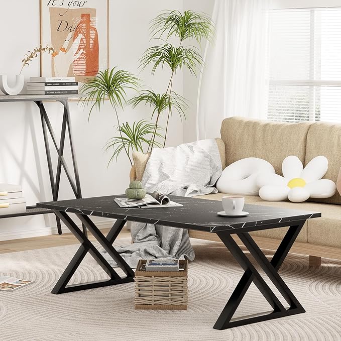Coffee Table Living Room Table Black Center Table, Simple Modern Faux Marble Rectangular Tea Table with Sturdy Black-Finished Metal Frame,Industrial Wooden Coffee Table for Bedroom Home Office
