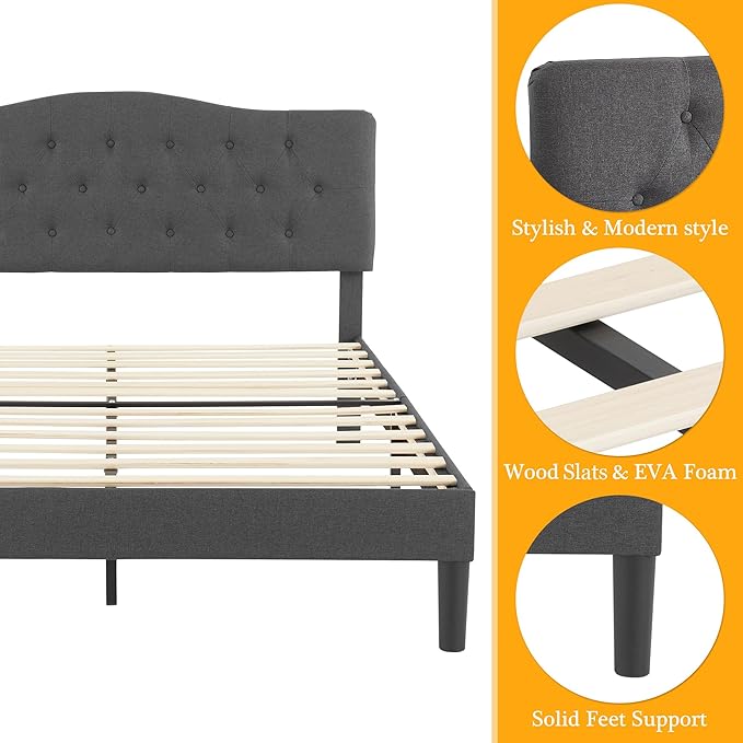 VECELO Queen Size Bed Frame Upholstered Platform with Tufted Adjustable Headboard/Mattress Foundation with Wood Slat Support, Easy Assembly