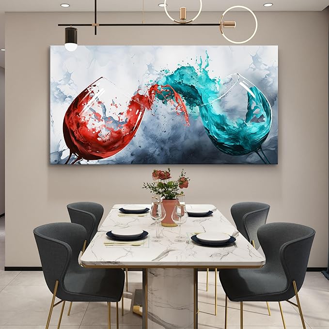 Pogusmavi Dining Room Wall Art Wine Glass Canvas Wall Pictures Kitchen Art Wall Decor Blue & Red Wine Cups Painting Modern Wall Art for Living Room Office Artwork Wall Decor 30x60IN