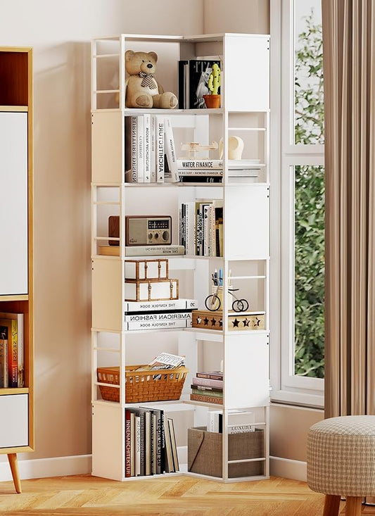 Baoz 7-Tier Corner Shelf- L Shape Corner Bookshelf with Storage- Wood Metal Bookcase Open Floor Stand Shelf Tall Decorative Display Storage Organizer in Living Room/Bedroom/Home/Office (White)