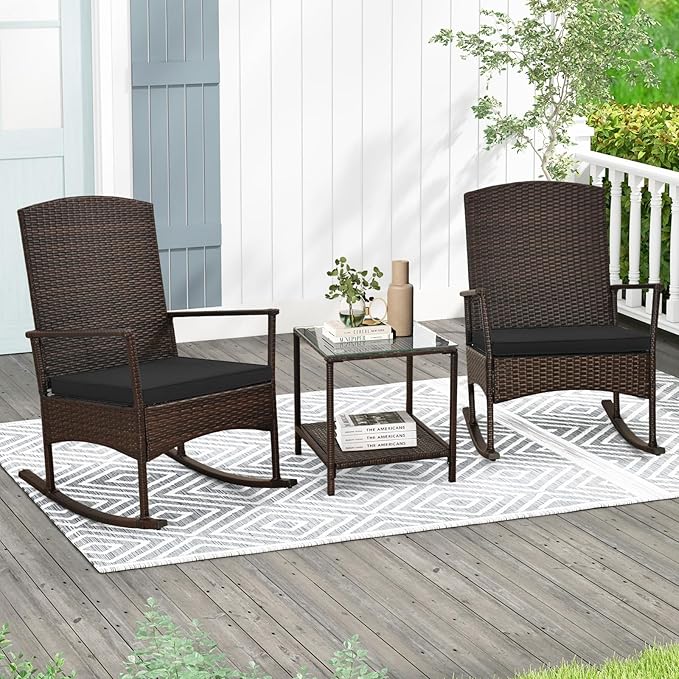 Tangkula 3 Pieces Rocking Wicker Bistro Set, Outdoor Front Porch Rocker Chairs Conversation Set with 2-Tier Tempered Glass Coffee Table and Thick Cushions for Garden, Balcony, Poolside (Black)