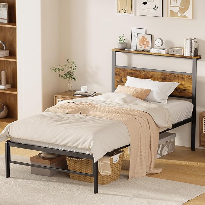 Weehom Twin Bed Frames with Headboard Shelf - Modern Twin Size Bed Frames with Wood Headboard, No Box Spring Needed Metal Platform Bed, Rustic Brown
