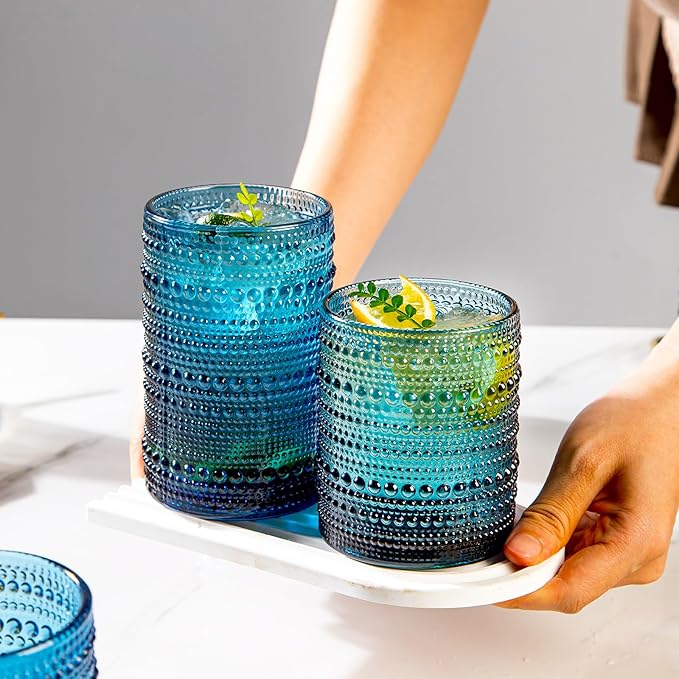 Set of 8 Hobnail Drinking Glasses Vintage Blue Glassware - 4 Highball Glasses 14 oz, 4 Rocks Glass Cup 11 oz, Embossed Old Fashioned Glassware for Water,Wine,Beer,Juice, (Cornflower Blue)