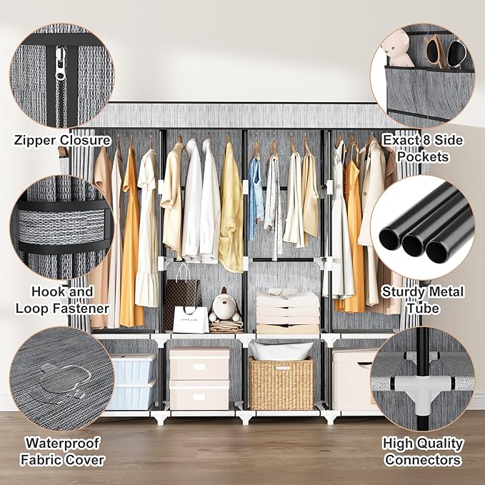 Portable Closet for Hanging Clothes, 67 Inch Wide Portable Wardrobe Closet with Cover, 4 Hanging Rod, Storage Shelves and Side Pockets, Large Free Standing Closet for Bedroom, Printing