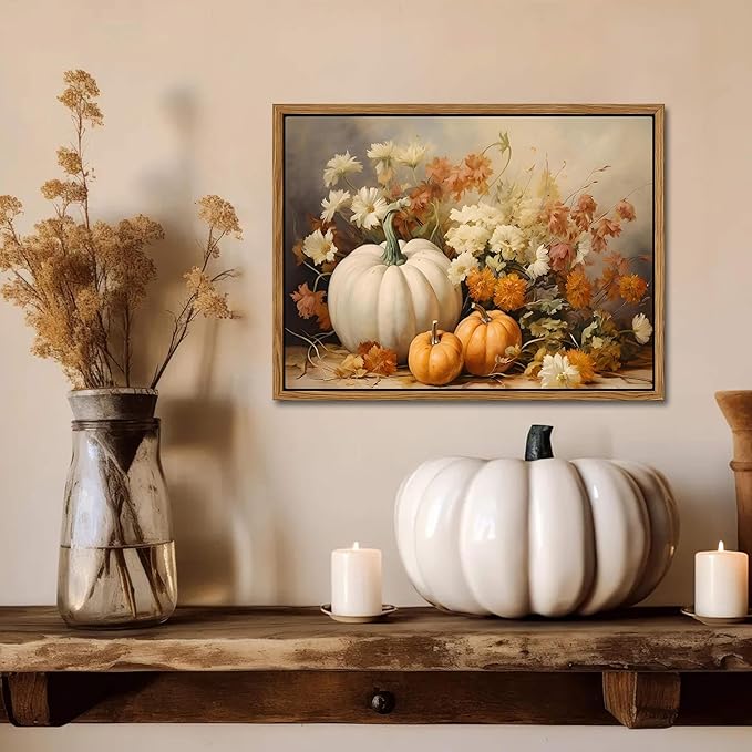 Framed Fall Pumpkin Canvas Wall Art - Farmhouse White & Orange Pumpkins Still Life Pictures Prints, Autumn Halloween Thanksgiving Wall Decor for Living Room Kitchen 16x24 inch