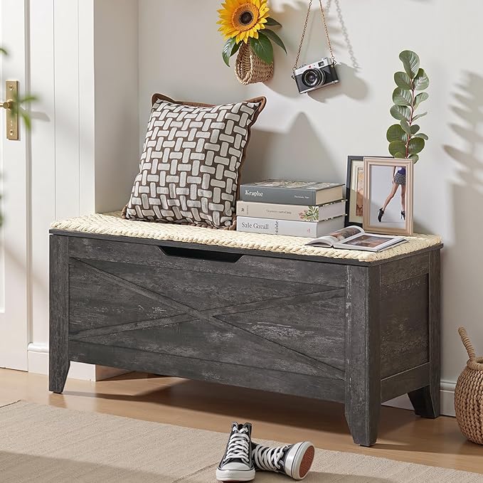 VECELO 43.3" Farmhouse Style Storage Bench, Entryway Shoe Ottoman, with Handwoven Cushion, with Metal Safety Hinges, for Bedroom, Living Room, Entryway, Grey