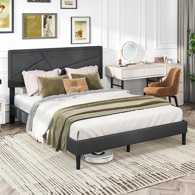 Giantex Queen Platform Bed Frame, Modern Upholstered Bed Frame with Geometric Tufting Headboard, Wooden Slats Support, No Box Spring Needed, Gray