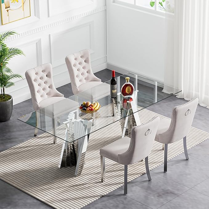 Goujxcy Modern 5 Piece Glass Dining Table Set Luxury Glass Kitchen Table and Chair Set for 4, 70" Large Rectangular Dining Room Table with 4 Tufted Chairs and Stainless Steel Legs (Silver & Beige)