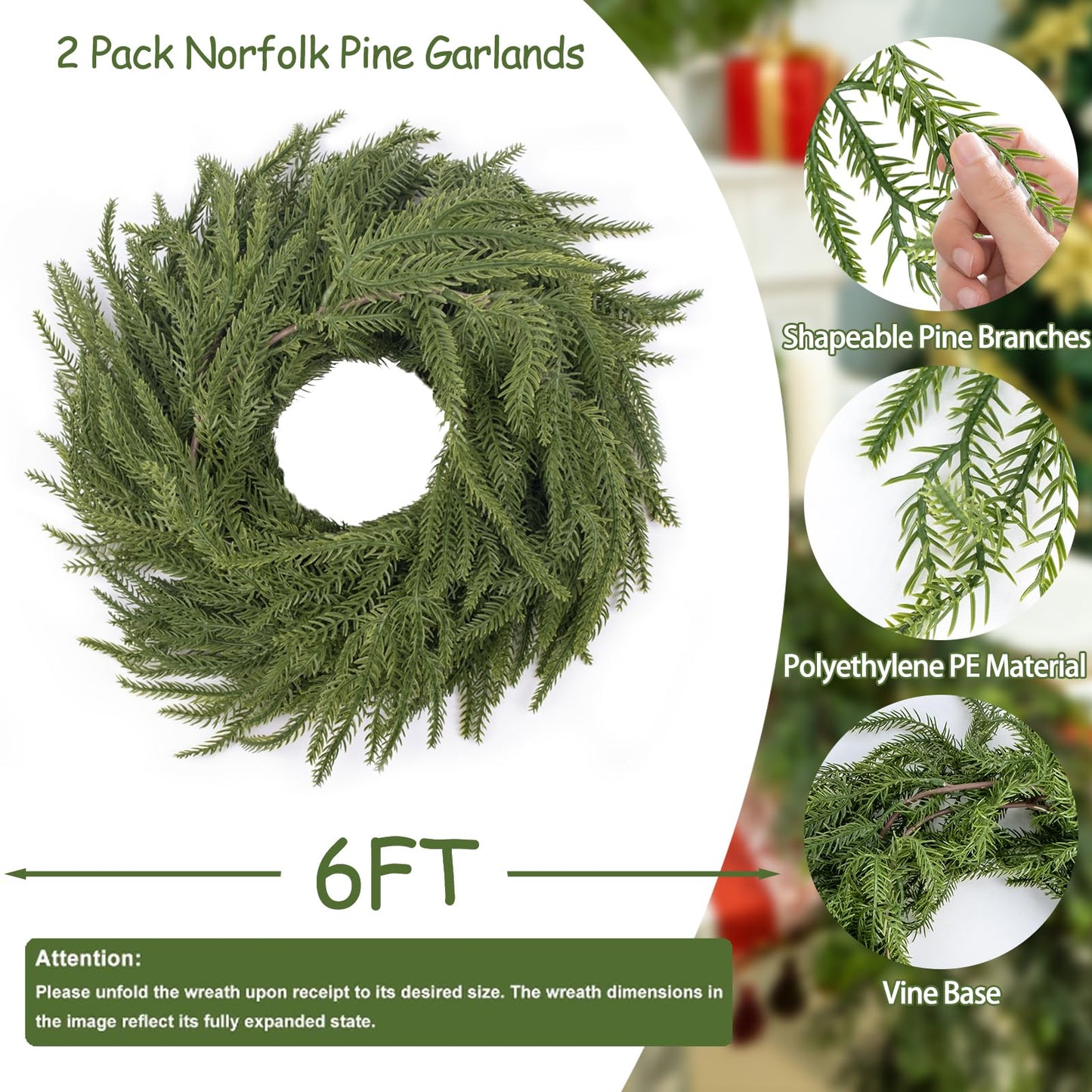 SWNAWE 2PCS Artificial Christmas Norfolk Pine Garlands, Real Touch Pine Garland Faux Greenery Winter Garland for Mantle Fireplace Stairs Table Wall Home Xmas Holiday Indoor Christmas Decorations